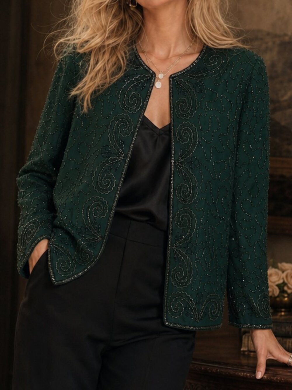 JMD New York Forest Green Vintage Beaded Silk Topper Jacket Medium